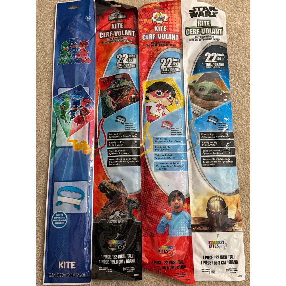 Lot of 4 EZBreezy Kites Star‎ Wars Jurassic World Ryans World PJ Masks 22 Inch